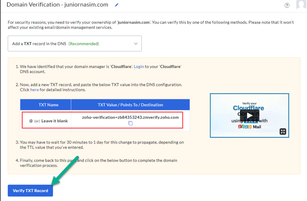 how to verify domain in zoho mail